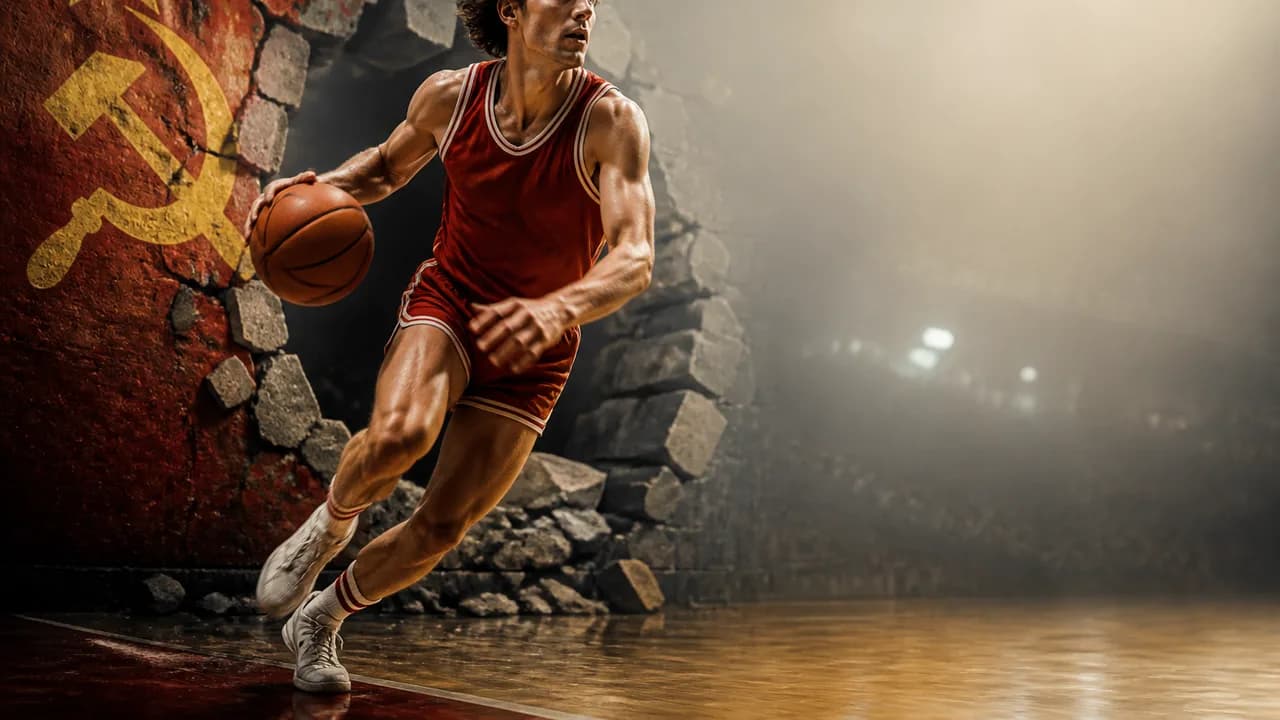 Black and white photo of two basketball players facing each other with Soviet and American flag symbols, text reading…