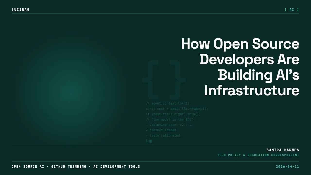 Developer analyzing code on multiple monitors with neon purple and orange lighting displaying "35 Trending Open-Source…