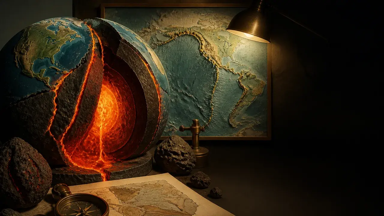 A smiling educator wearing glasses and a tan cardigan stands before a colorful map showing Earth's tectonic plates labeled…