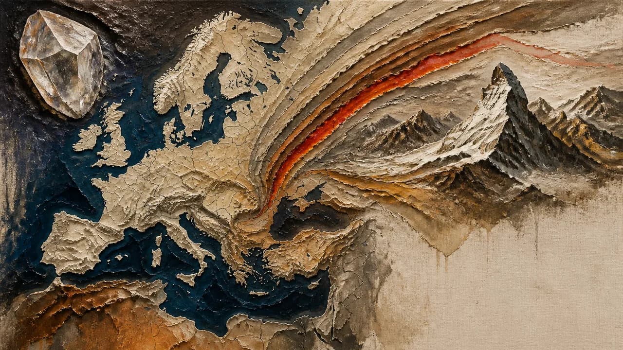A cross-section view of Earth's continents in tan and beige against a dark background, with blue lines indicating tectonic…