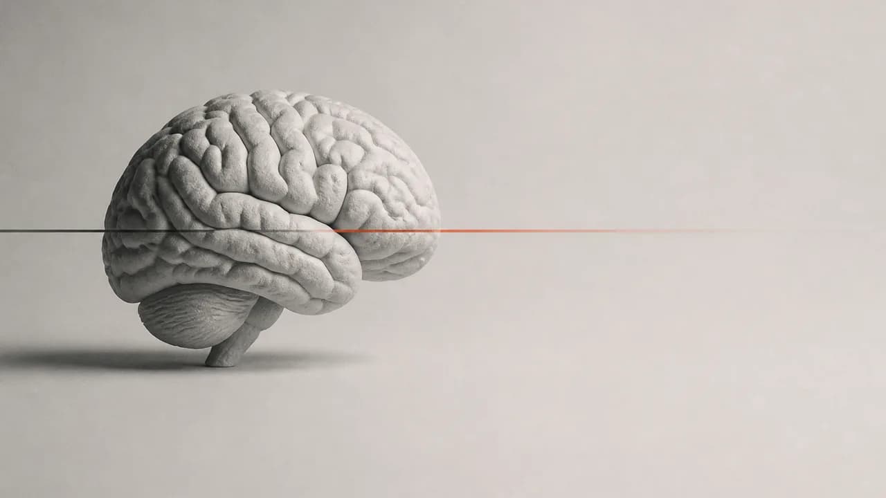 Woman in orange sweater gestures while discussing neuroscience, with anatomical brain illustration and "Inside the Brain's…