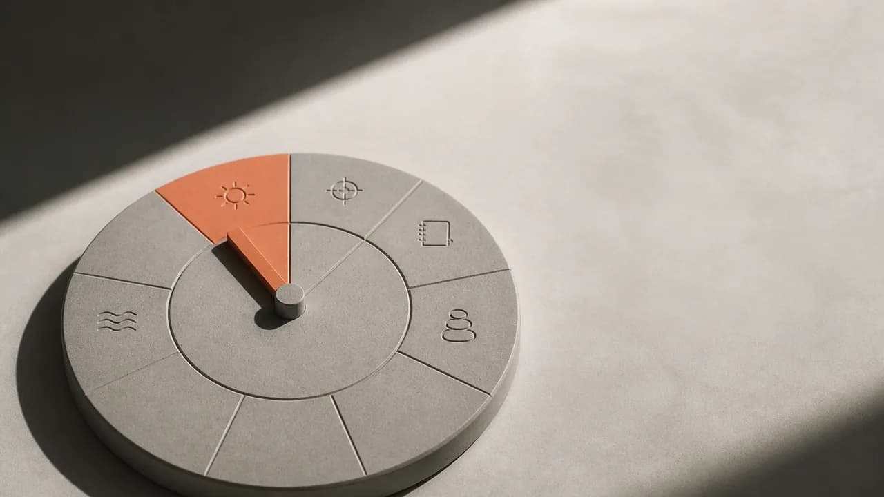 Cartoon man holding clipboard with daily plan checklist and red alarm clock against turquoise background with "ONE GOOD…