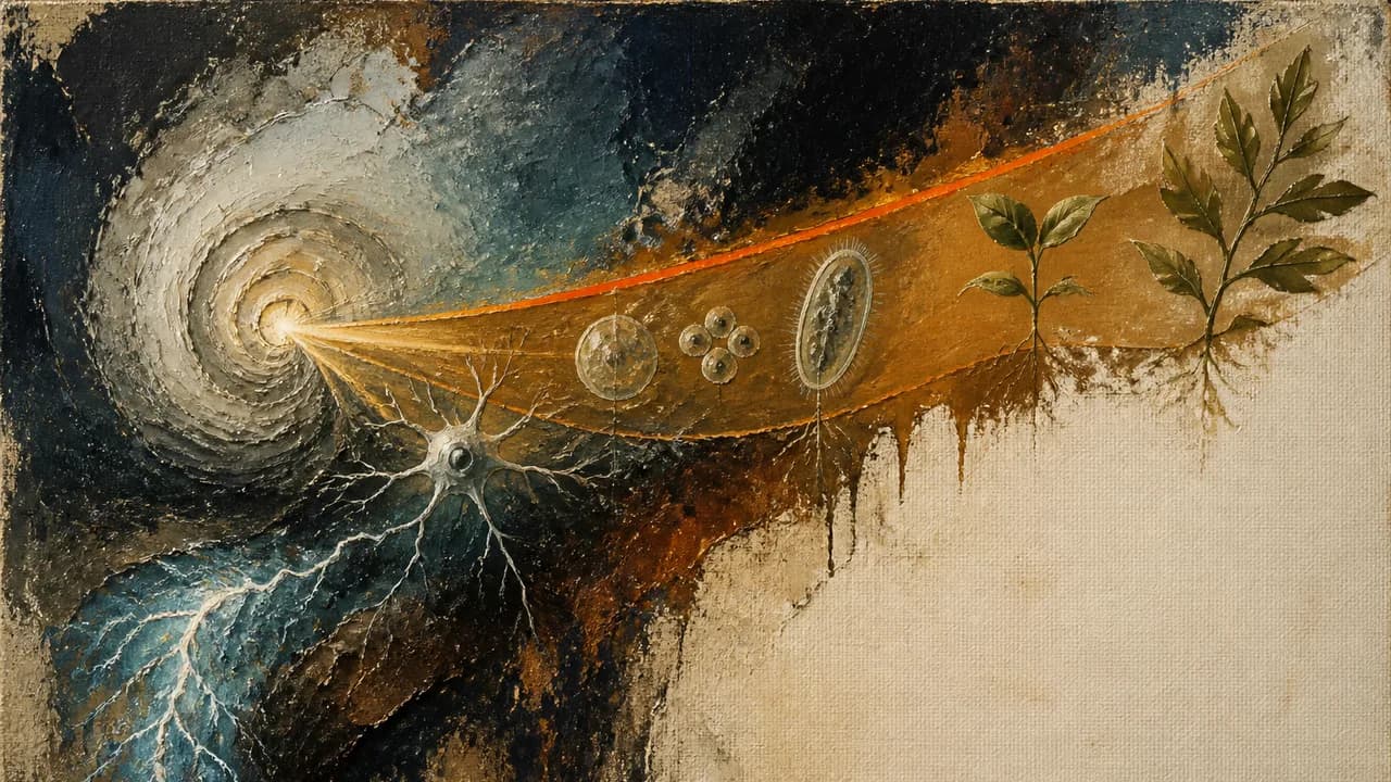 A single cell and brain connected by a glowing beam with "CAN CELLS THINK?" text, exploring cellular intelligence beyond…