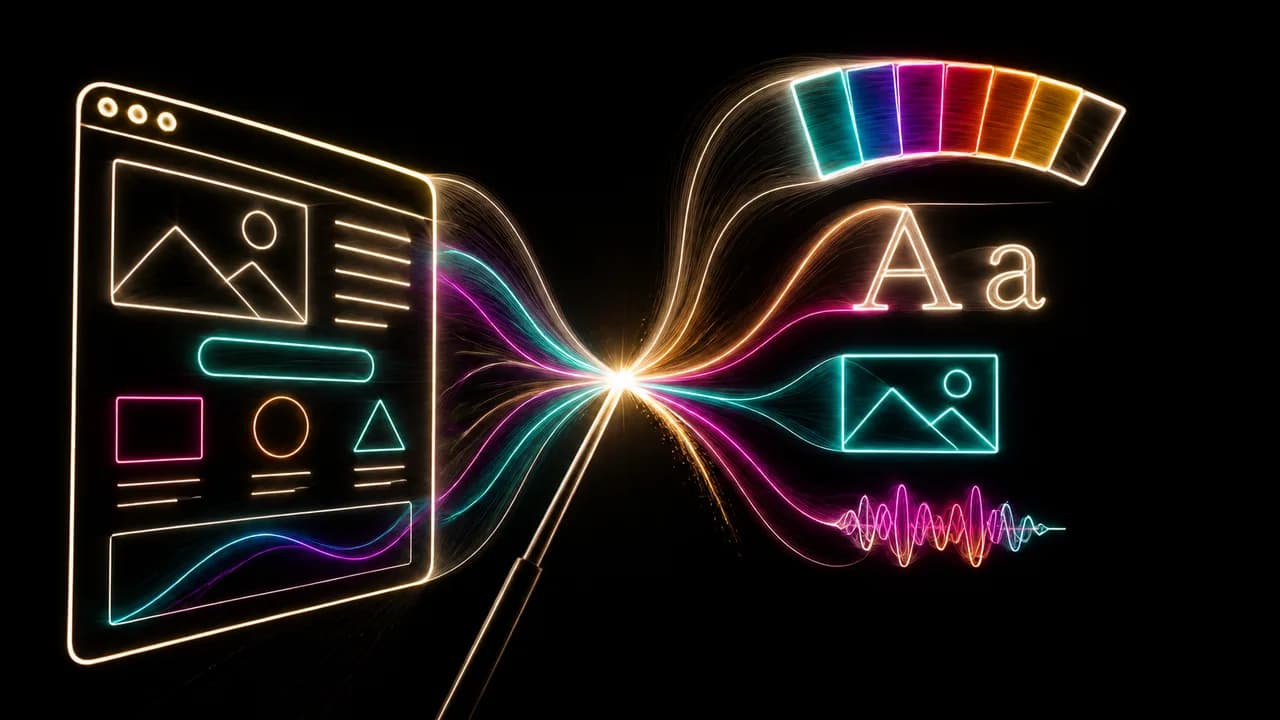 A dark-themed interface displays a Brand Kit menu with color options for "5AM Club" featuring yellow and navy squares,…
