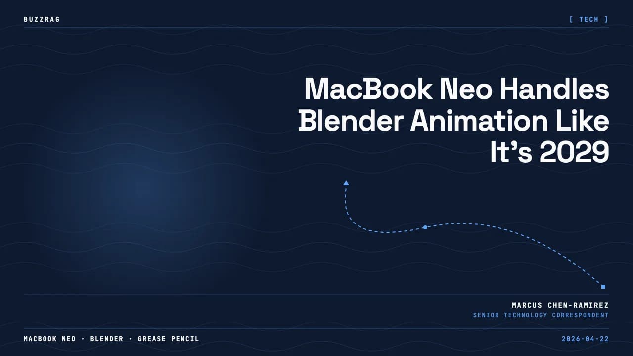 MacBook displaying Blender's Grease Pencil with animated character scene, A18 Pro chip logo, and Blender icon overlay