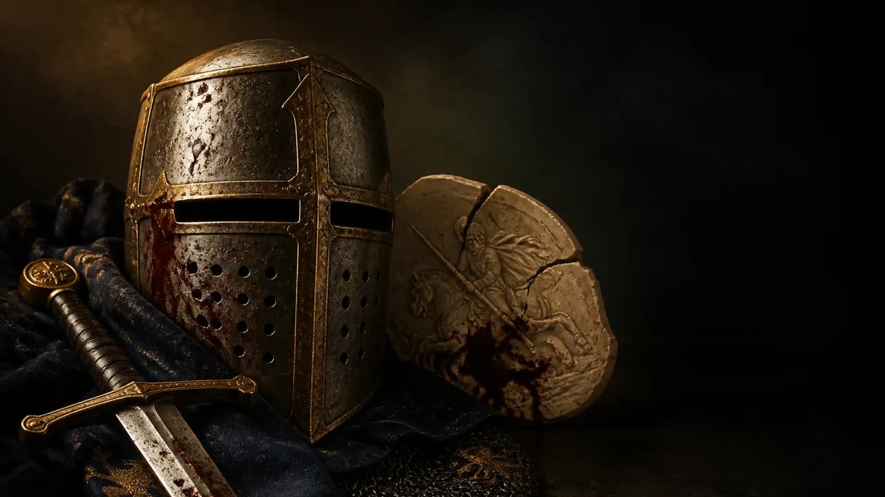 A bearded man in chainmail armor stares intensely while yellow text describes a dark historical anecdote about Sir John…