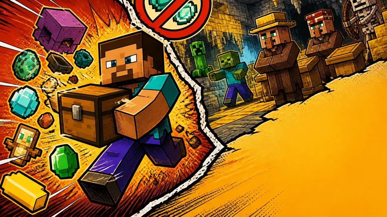 Three Minecraft items displayed as "DUPE," "HARDER" (Warden mob), and "REMOVED" against a blue background