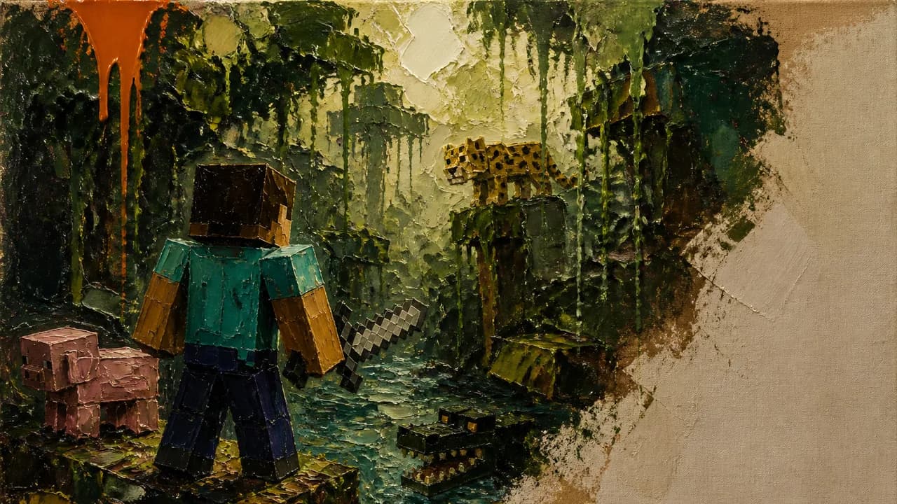 A Minecraft player in teal armor stands on a grassy cliff overlooking a massive overgrown jungle fortress shrouded in mist…