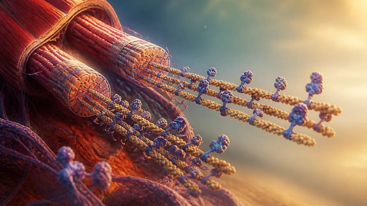 Colorful 3D molecular structure visualization showing protein complexes in vibrant orange, blue, and purple against a dark…