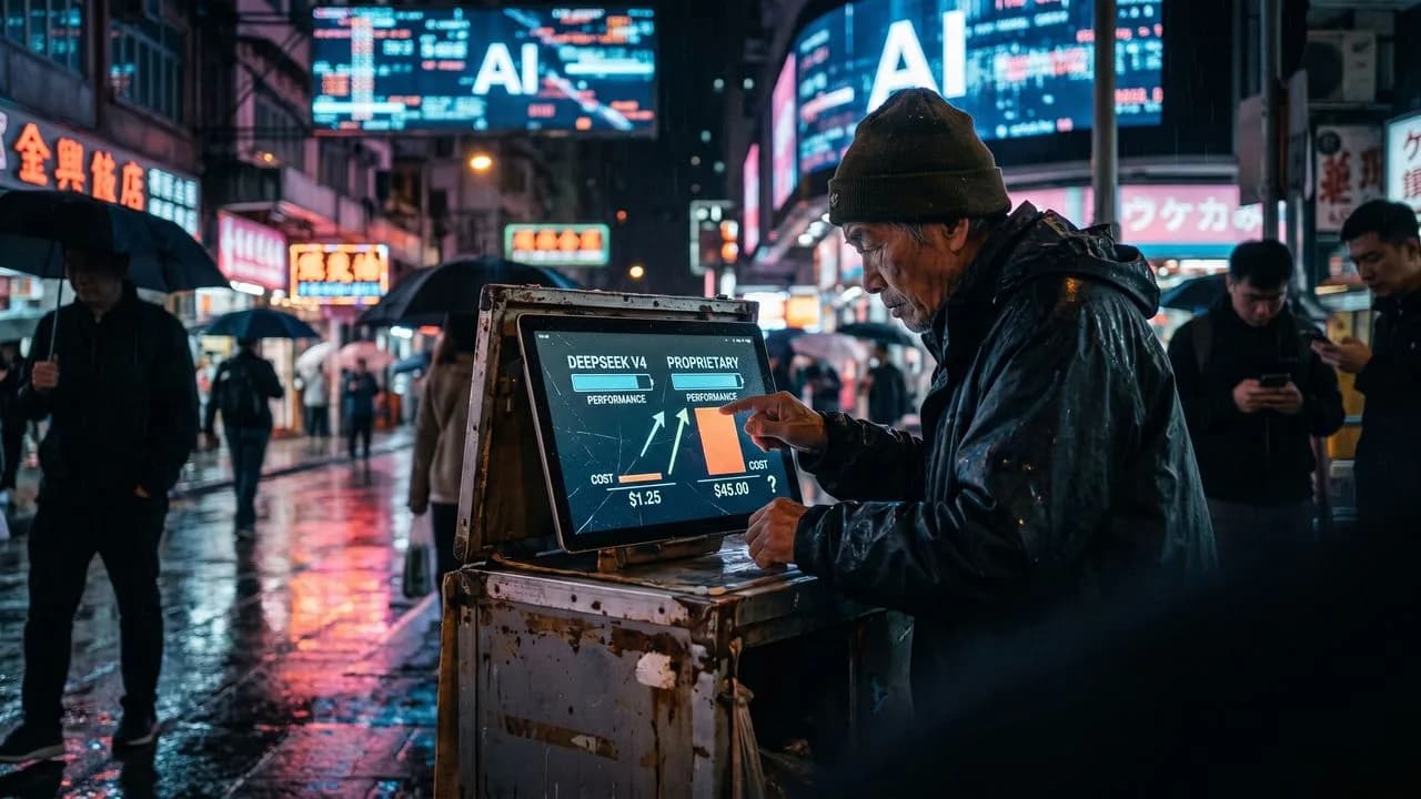 Man with beard wearing cap surrounded by neon-glowing logos of tech companies (Google, Microsoft, Nvidia, OpenAI, Whales)…