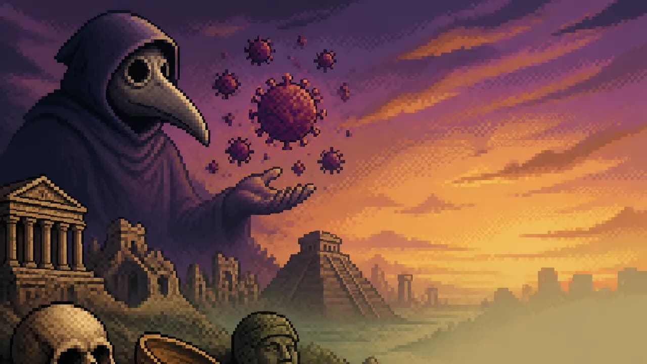 Eight illustrated panels depicting ancient plagues and civilizational collapses, including the Mississippian Collapse,…