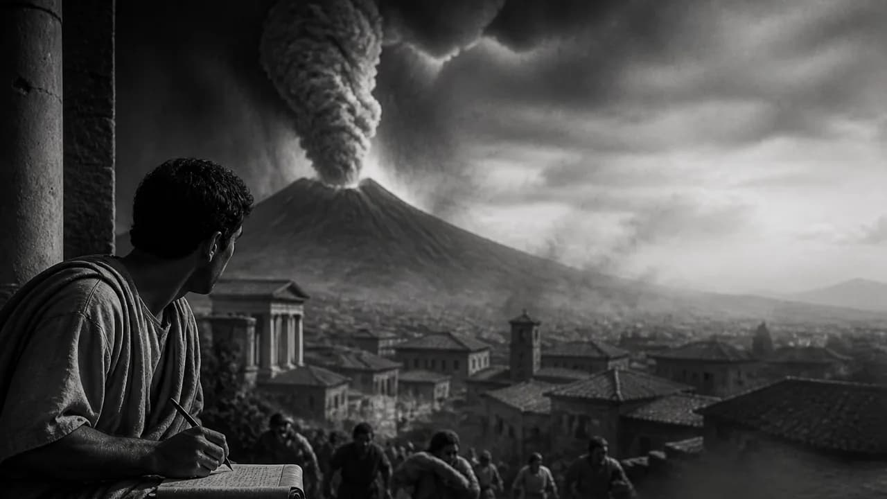 A robed figure gazes from a stone structure toward Mount Vesuvius erupting in flames above the burning city of Pompeii…