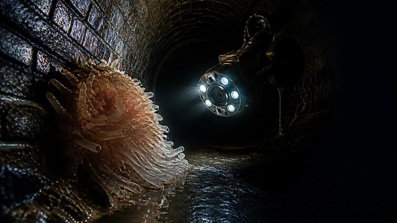Thermal or infrared footage showing a pale humanoid figure in a circular tunnel with "Strange Evidence" text overlay and…