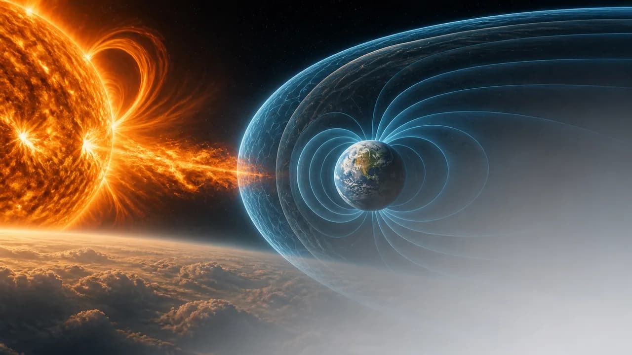 Earth positioned near the Sun's surface with solar flares erupting around it, highlighted by yellow arrows, with "WE ARE…