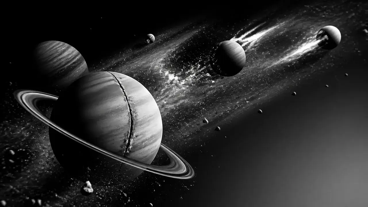 A host in a maroon shirt appears shocked next to a solar system diagram with planets labeled, with yellow text asking "We…