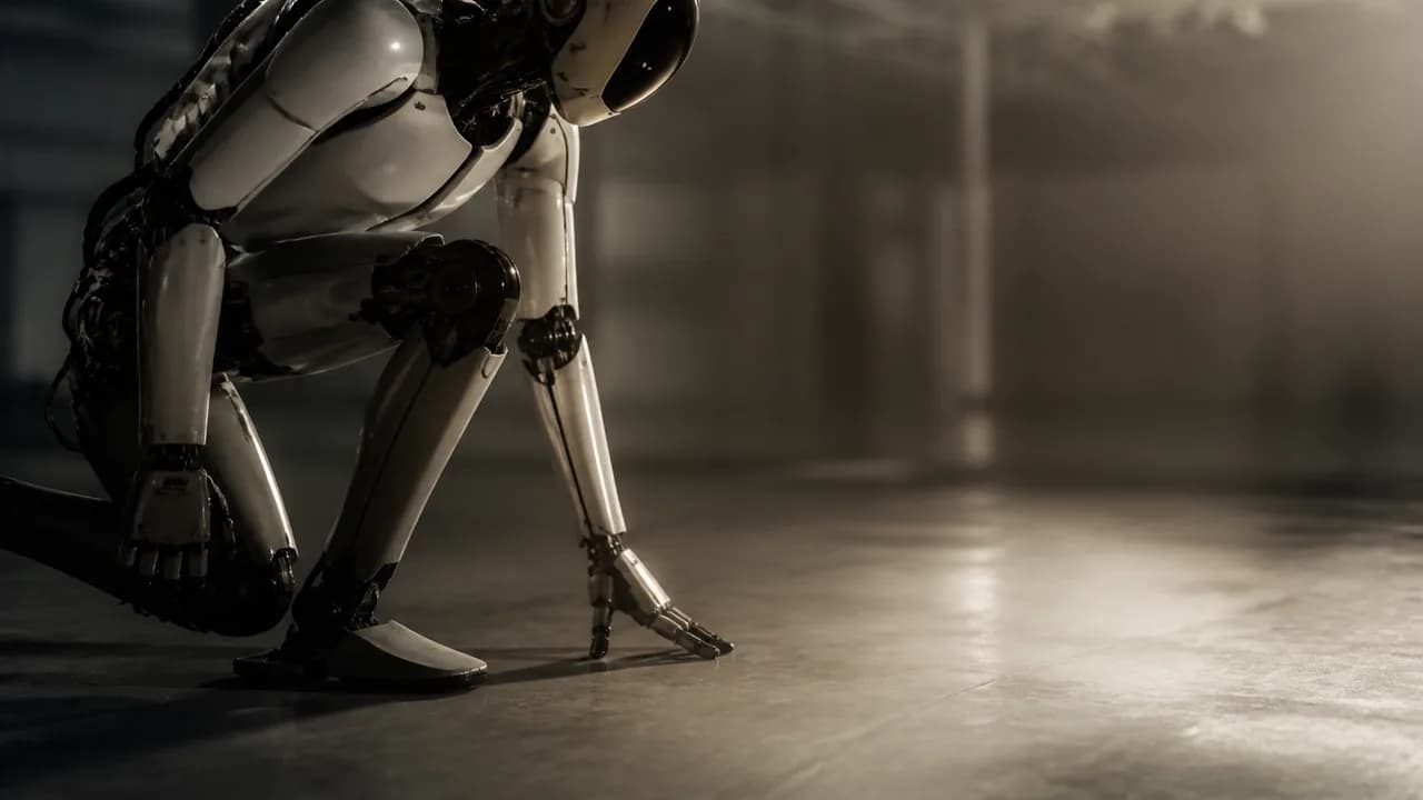 Man and child interact with a humanoid robot on an urban rooftop with "THEY THINK AND MOVE" text overlay
