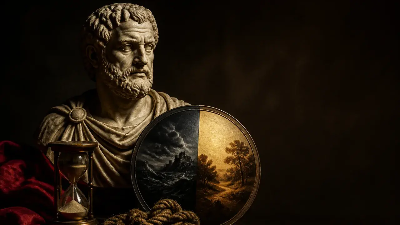 A man wearing glasses speaks next to a classical bust sculpture against a dark blue textured background, with text reading…