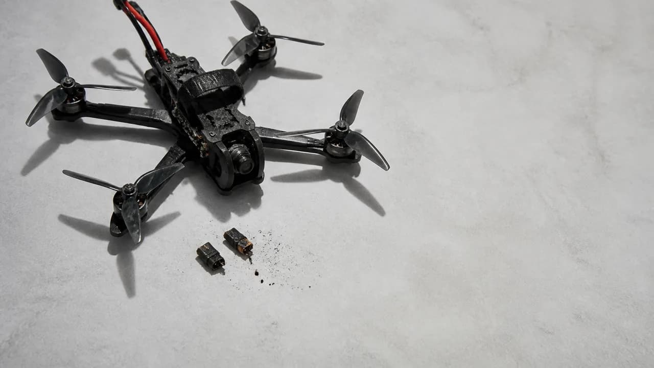 Blue racing drone surrounded by components under red LED lighting with "NOT A TUTORIAL" text overlay