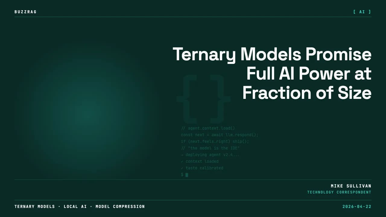 A futuristic setup showcasing a GPU labeled with 70B and 100B LLM models alongside development screens, with "TERNARY IS…