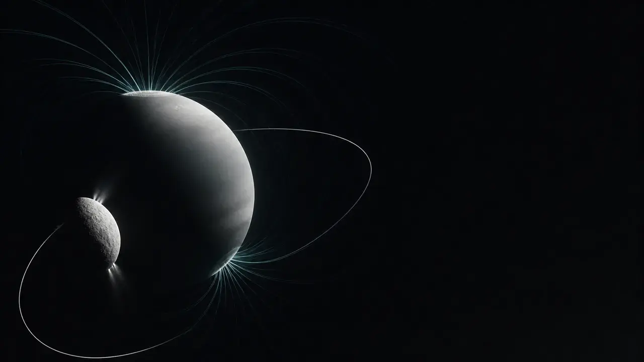 A cross-section of a planet with a glowing molten core suspended between two cyan layers against a starry background, with…