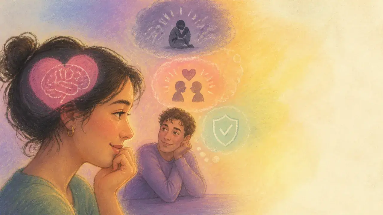 Two illustrated figures sit awkwardly at a dinner table with a flower between them, both looking uncomfortable and…