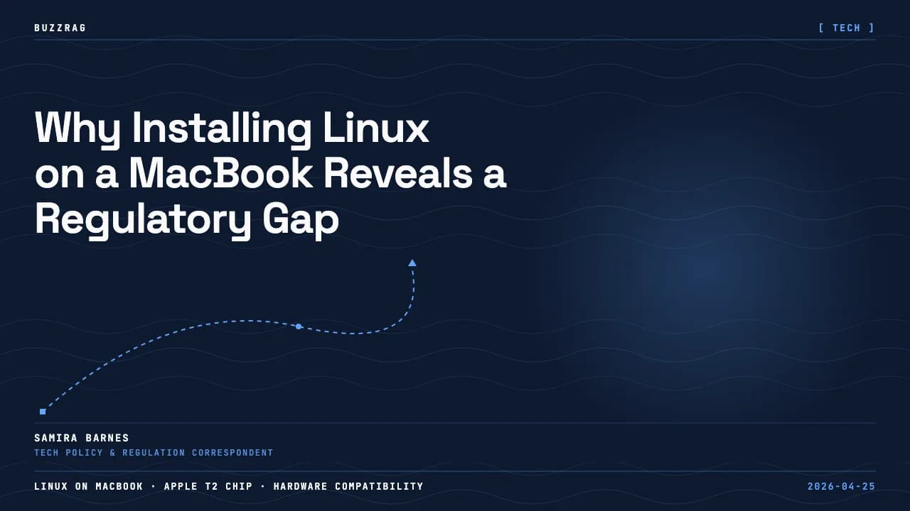 A Mac desktop screen displaying the Apple logo wallpaper alongside a surprised-looking penguin character representing Linux