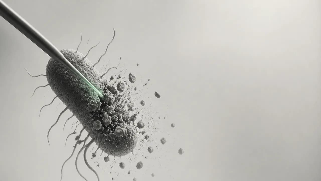 Colorful microscopic visualization of bacteria and immune cells against a blue-purple gradient background with "BOTS VS…