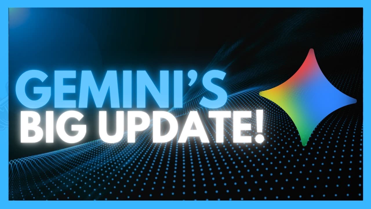 Blue gradient text reading "GEMINI'S BIG UPDATE!" with a colorful four-pointed star icon on a dark digital wave background…