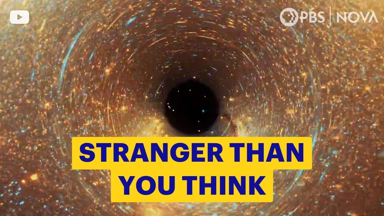 A black hole's event horizon glows with swirling orange and blue matter against a dark center, with yellow text overlay…