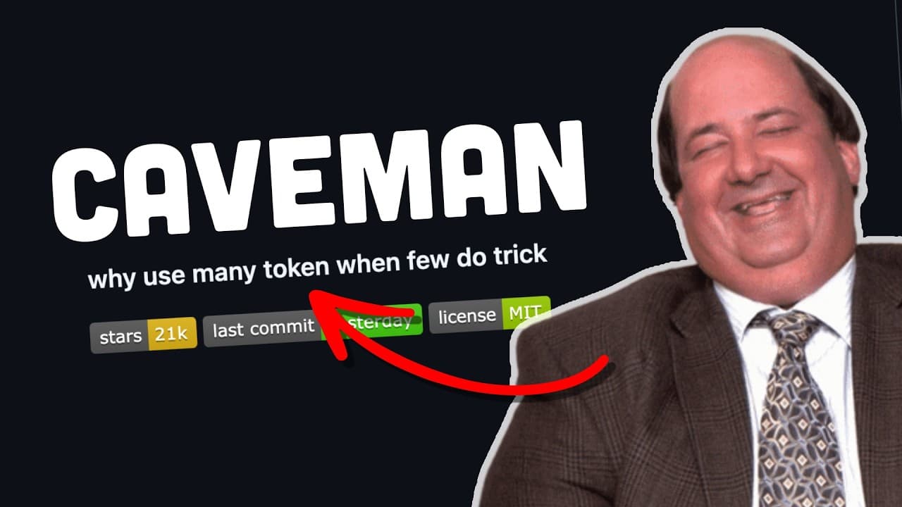 A man in business attire smiles beside large text reading "CAVEMAN" with a subtitle about token efficiency, featuring…