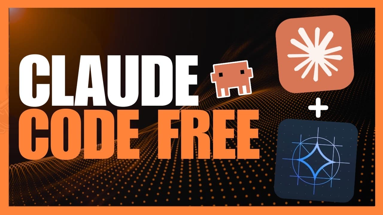 Bold orange and white text "CLAUDE CODE FREE" with pixel art character and AI tool icons on dark background with dotted…