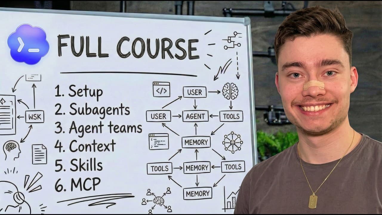 Young man smiling next to whiteboard displaying a full course outline with six modules covering setup, subagents, agent…